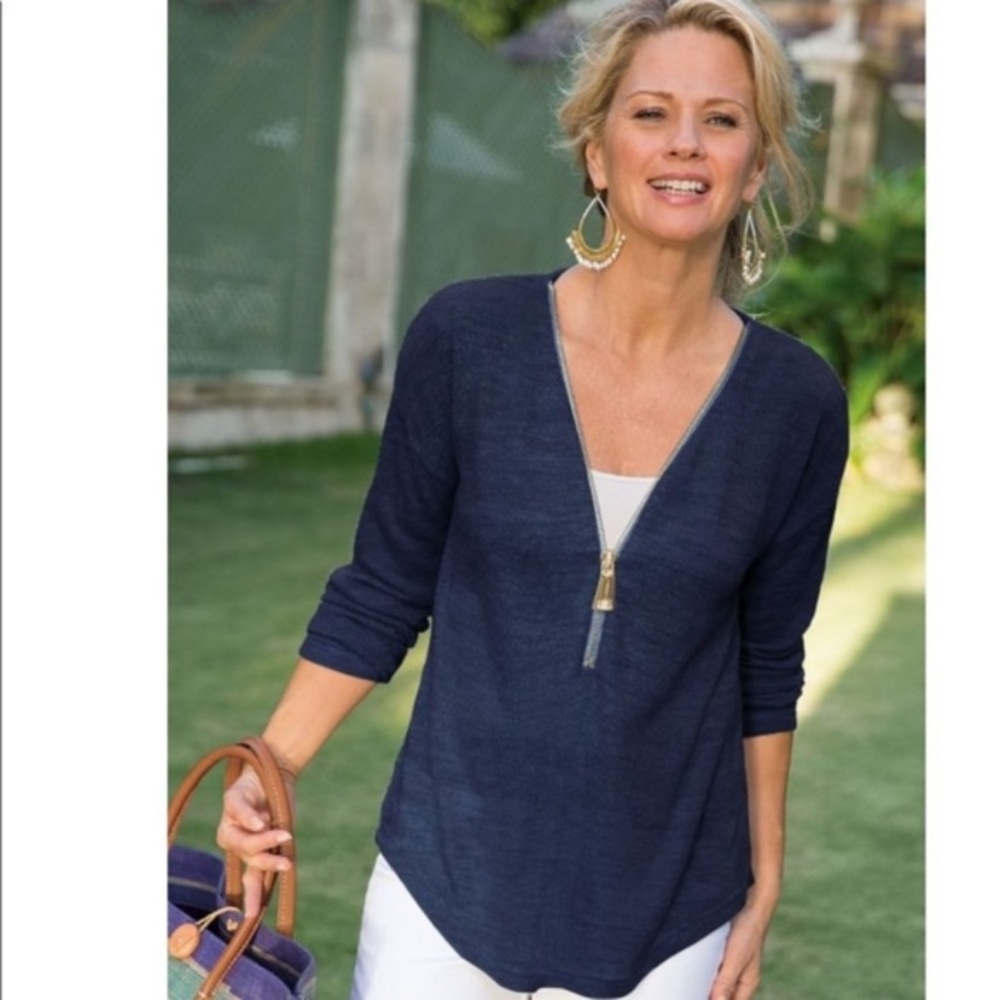 Soft Surroundings Valentina Sweater Gold Zipper Neckline VNeck Slub Jersey Knit